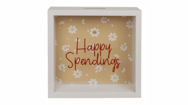 Ξύλινος Διακοσμητικός Κουμπαράς "Happy Spendings"